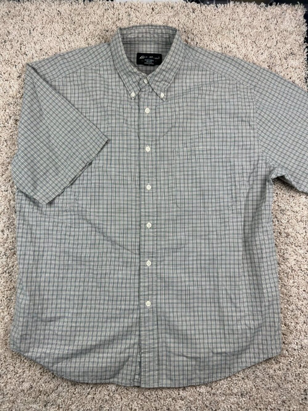 Eddie Bauer Mens Large Button Up Shirt Green Beige Short Sleeve w Pocket